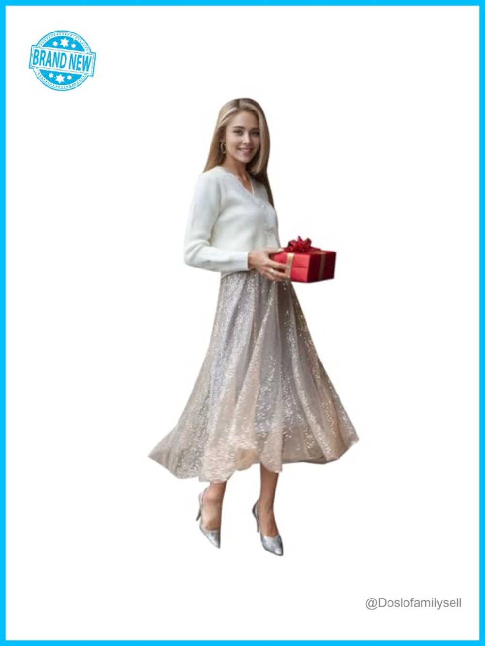 Tulle Mesh Sequin Pleated Midi Skirt Elastic Waist Layered Flowy